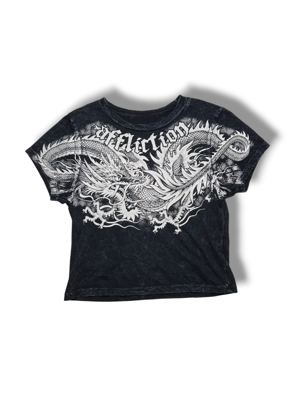 Affliction Acid Wash Dragon Crop Top Shirt Size Medium